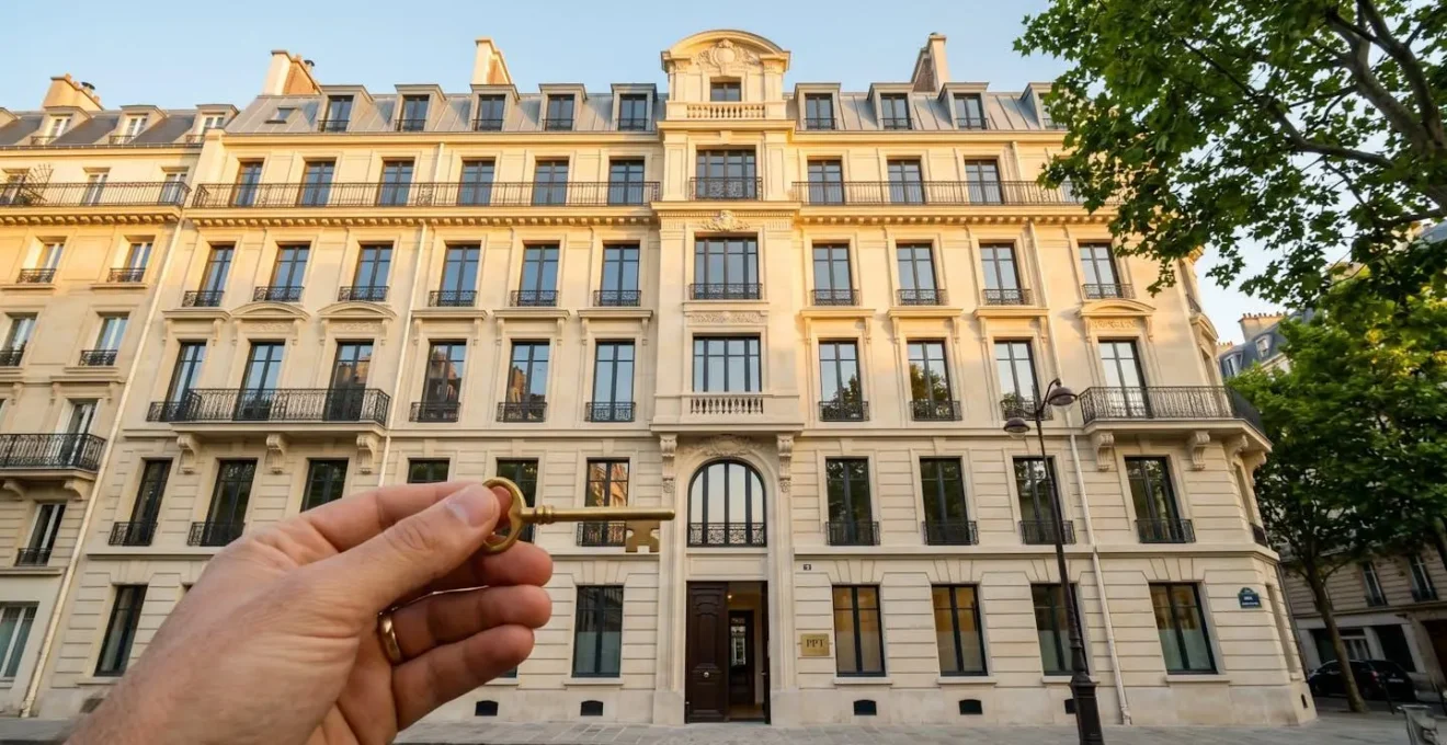 Immeuble rénové avec une clé au premier plan, symbolisant la plus-value immobilière.