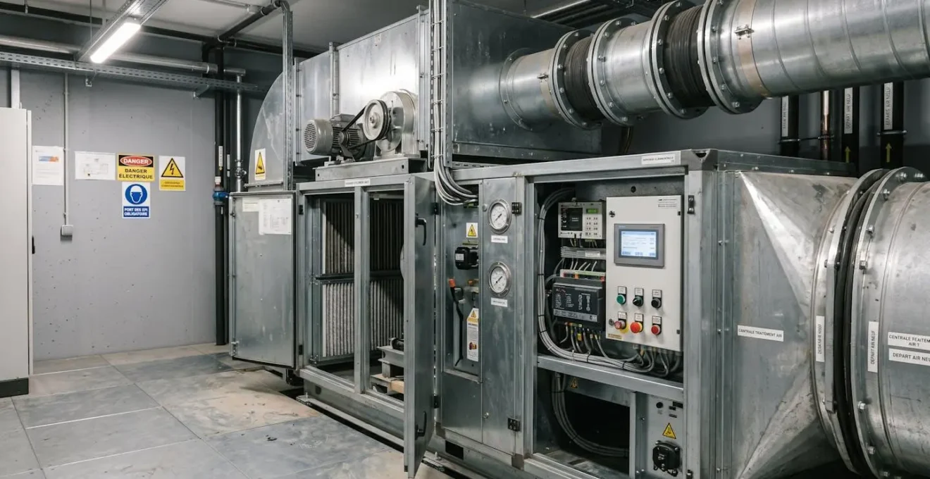 Centrale de traitement d'air double flux installée dans un local technique tertiaire, avec gaines métalliques et panneaux de contrôle visibles