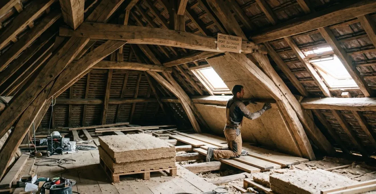 Combles en cours d'isolation avec matériaux biosourcés laine de bois, charpente traditionnelle apparente, artisan installant isolant naturel, lumière douce par velux