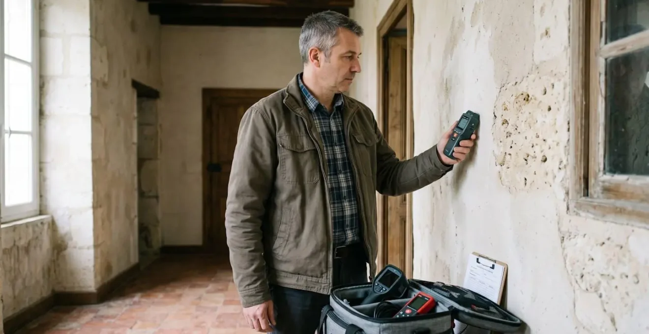 Diagnostiqueur professionnel utilisant humidimètre sur mur intérieur de maison ancienne, équipements de mesure thermique visibles, lumière naturelle douce