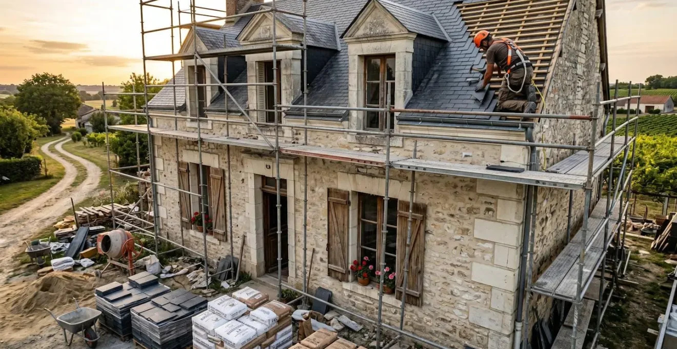 Façade de maison ancienne en pierre avec échafaudage, artisan couvreur en sécurité travaillant sur toiture, matériaux de rénovation au premier plan, lumière dorée de fin de journée