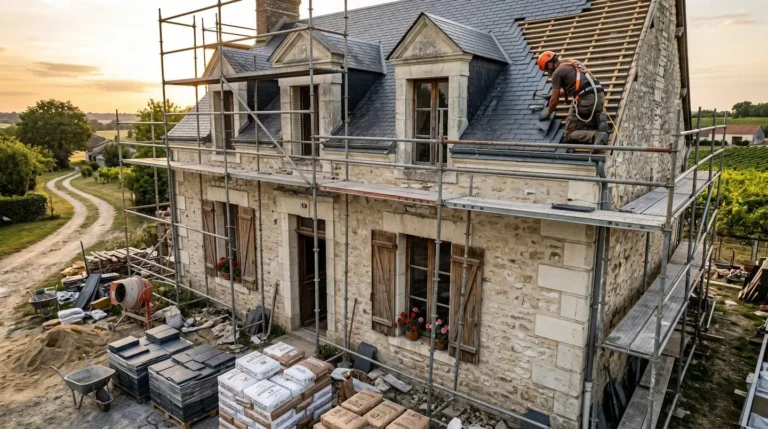 Façade de maison ancienne en pierre avec échafaudage, artisan couvreur en sécurité travaillant sur toiture, matériaux de rénovation au premier plan, lumière dorée de fin de journée