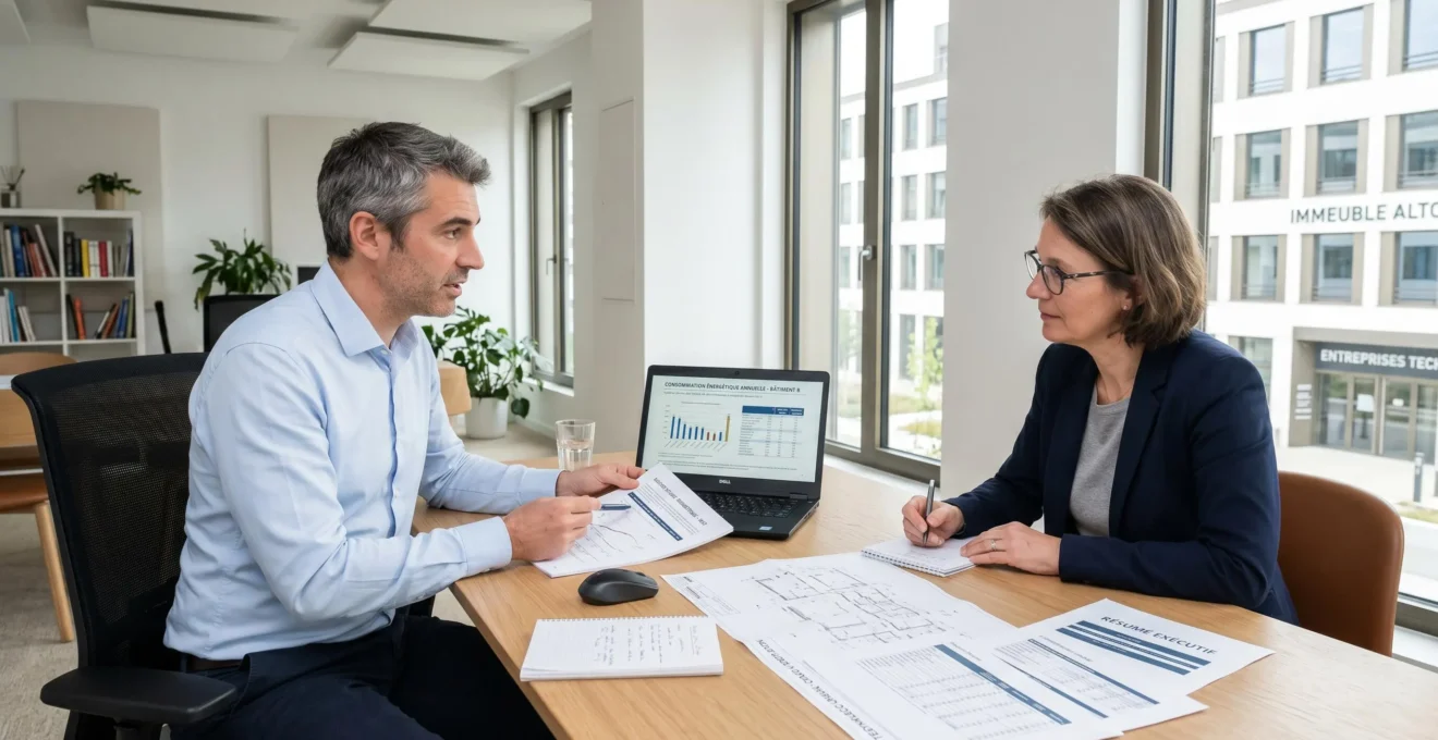 Ingénieur bureau d'études présentant un rapport d'audit énergétique à un gestionnaire de bâtiment dans un bureau moderne, avec ordinateur et plans techniques sur la table