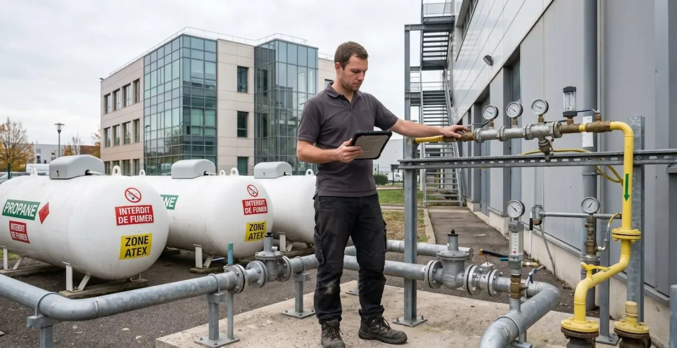 Technicien en tenue professionnelle inspectant une installation de cuve de gaz propane avec tablette numérique, devant un bâtiment tertiaire moderne en France
