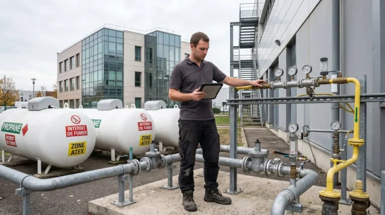 Technicien en tenue professionnelle inspectant une installation de cuve de gaz propane avec tablette numérique, devant un bâtiment tertiaire moderne en France