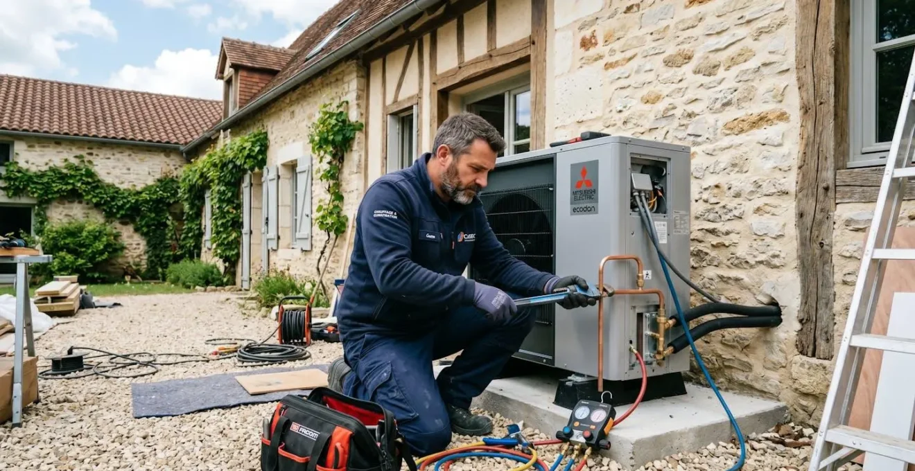 Technicien spécialisé installant unité extérieure pompe à chaleur air-eau sur façade maison ancienne rénovée, outils professionnels visibles, raccordements en cours