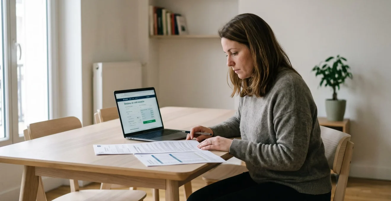 Femme assise à une table de salle à manger consultant des documents de crédit à la consommation et un simulateur en ligne sur ordinateur portable dans un intérieur contemporain français