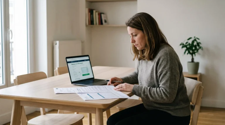 Femme assise à une table de salle à manger consultant des documents de crédit à la consommation et un simulateur en ligne sur ordinateur portable dans un intérieur contemporain français