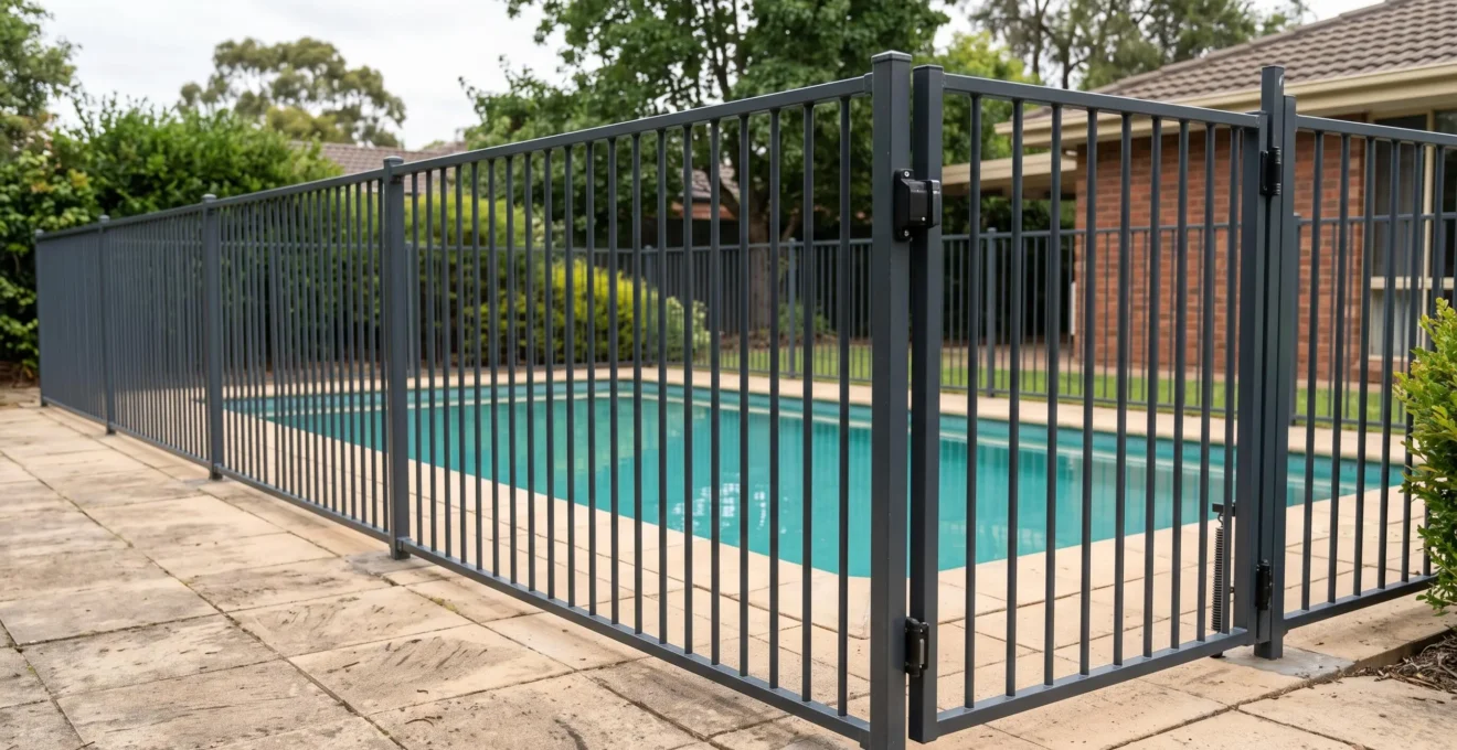 Barrière de sécurité réglementaire installée autour d'une piscine résidentielle avec portillon