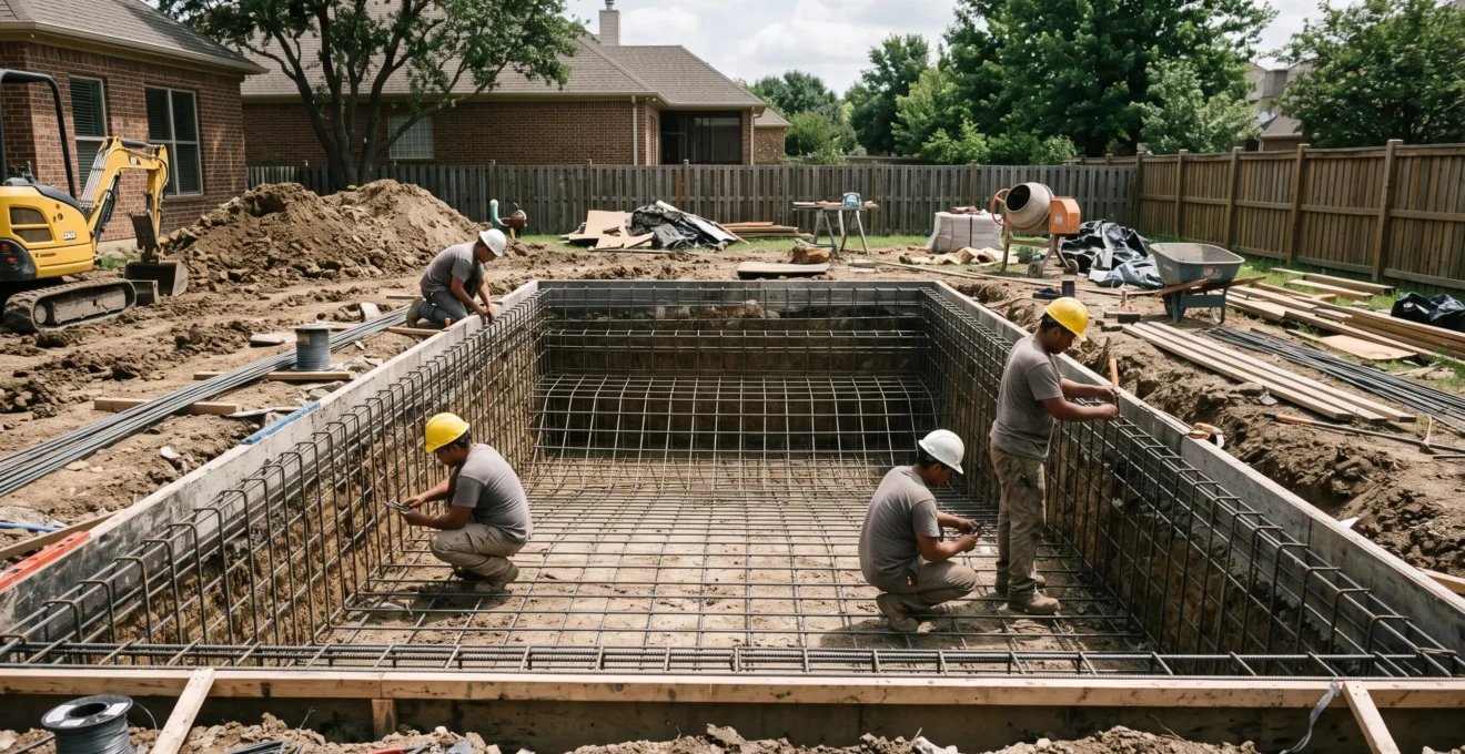 Chantier de construction d'une piscine enterrée avec ouvriers installant la structure en béton armé