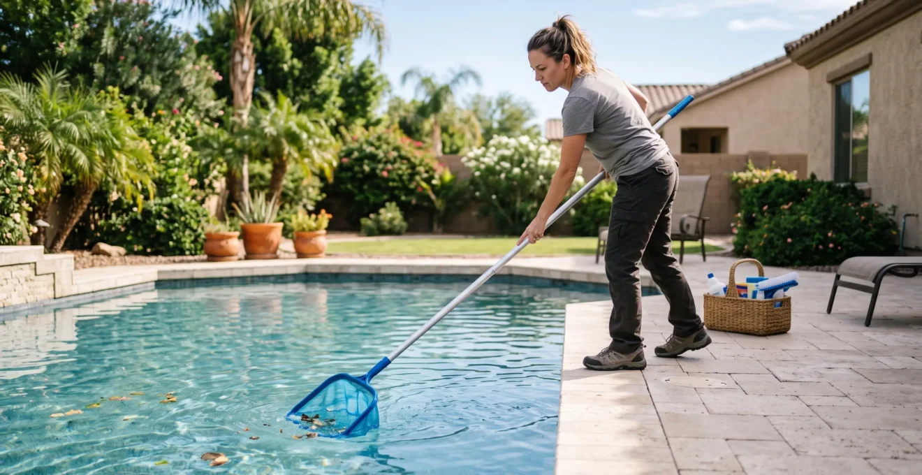 Propriétaire effectuant l'entretien de sa piscine résidentielle avec une épuisette de nettoyage