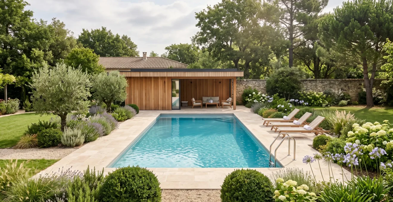 Piscine résidentielle enterrée avec pool house en bois dans un jardin paysager aménagé