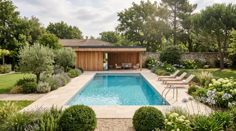 Piscine résidentielle enterrée avec pool house en bois dans un jardin paysager aménagé