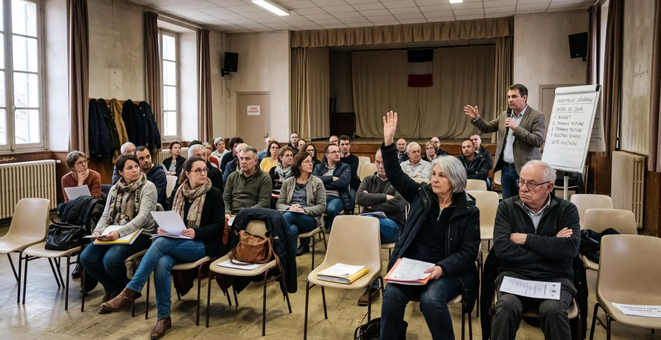 Des copropriétaires assistent à une assemblée générale dans une salle commune.