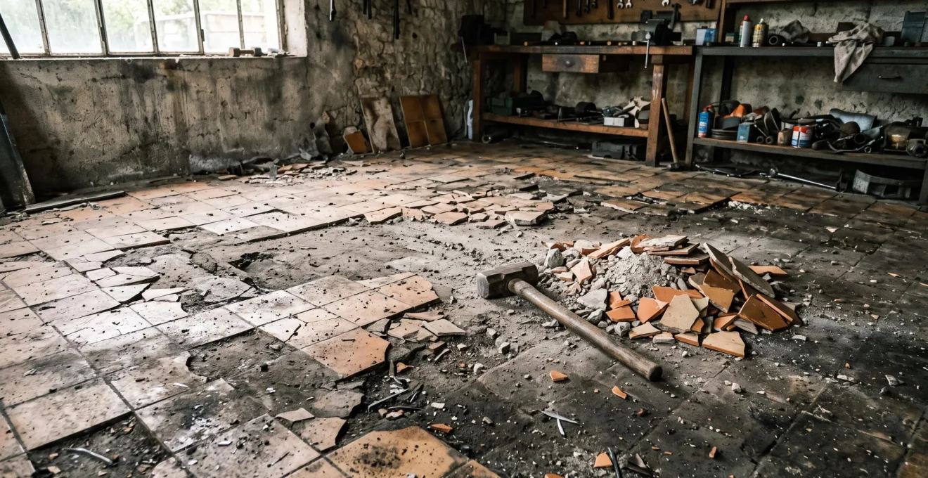 Un carrelage de garage abîmé avec des carreaux manquants et un outil posé au sol.