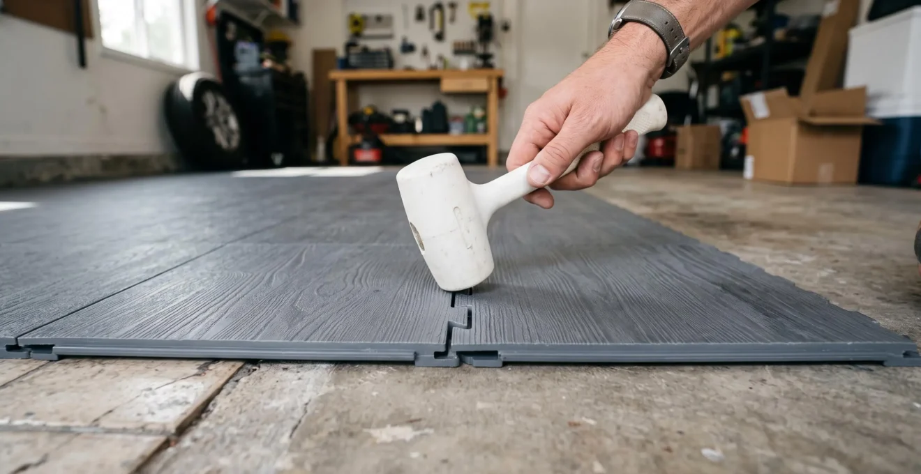 Une main frappe une dalle clipsable avec un maillet pour l'emboîter sur la précédente.