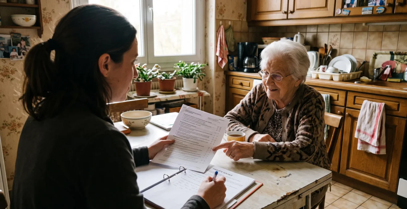 Une enquêtrice discute avec une résidente autour de la table de sa cuisine.