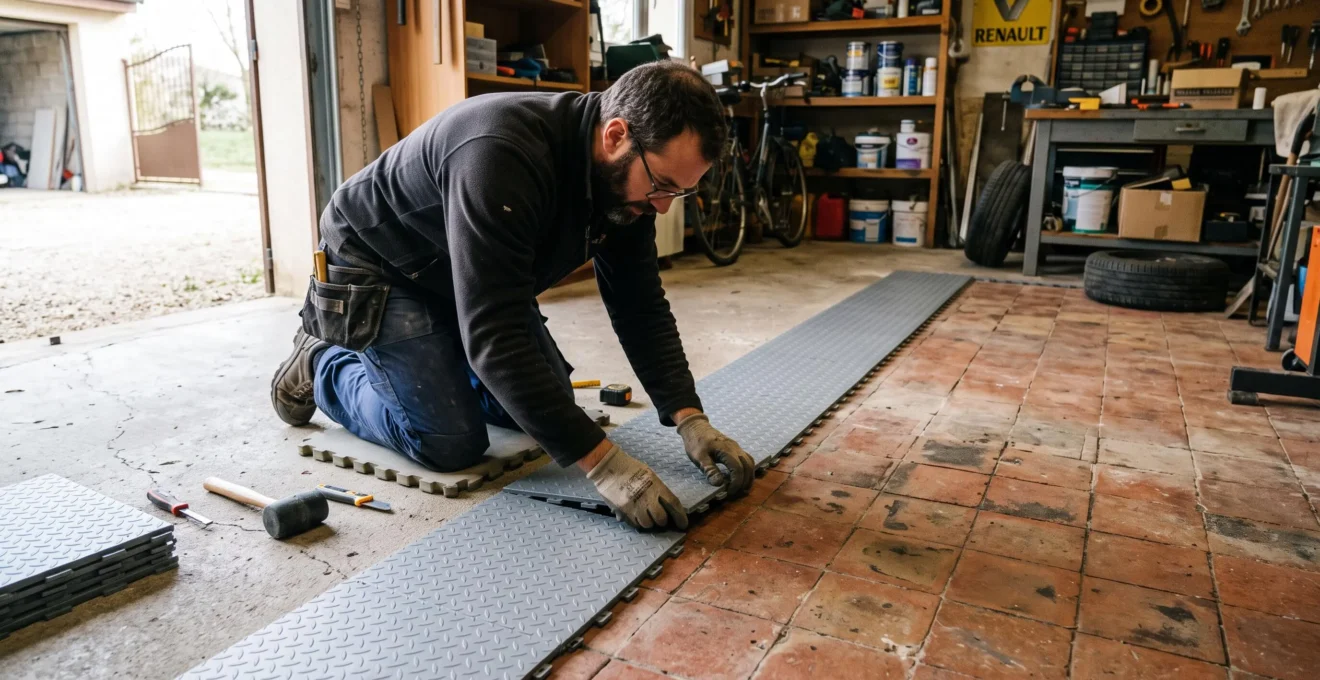 Un homme emboîte une dalle clipsable grise sur le carrelage d'un garage.