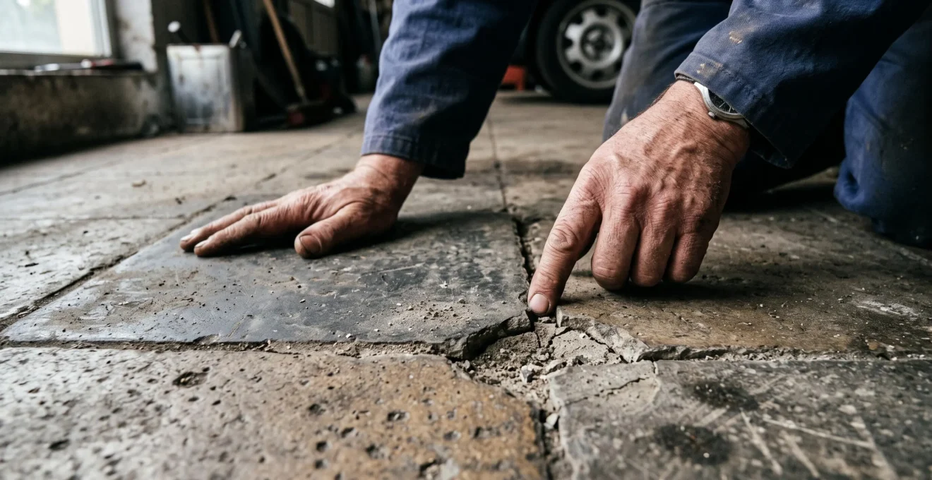 Des mains vérifient la planéité et les joints d'un carrelage de garage usé.
